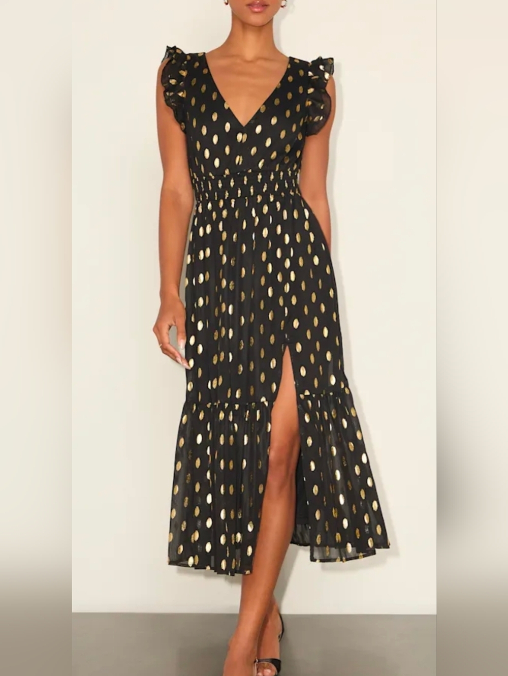 Lulu's Black and Gold Polka Dot Midi Dress